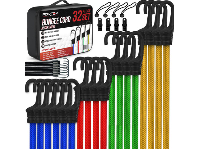 Bungee Cords with Hooks, 32pk 10' 18' 24' 32' 40 Bungees & Tarp Ties Bungee Cord with Hooks Assortment Heavy Duty Outdoor UV & Weather...