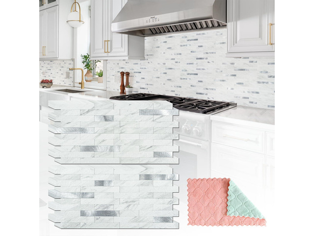 20 Sheets Peel and Stick Backsplash for Kitchen, White Marble with Metal Silver Look Stick on Tile Upgrade Your Kitchen Backsplash, RV, Fireplace