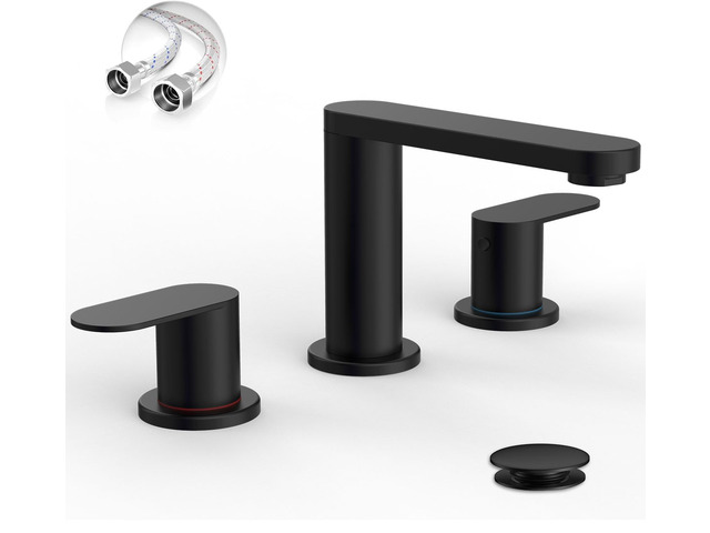 Matte Black Bathroom Faucet 3 Hole 8 Inch Widespread Sink Faucets Vanity Faucets with Pop-up Drain and Supply Lines, 360° Swivel Spout 2-Handle...