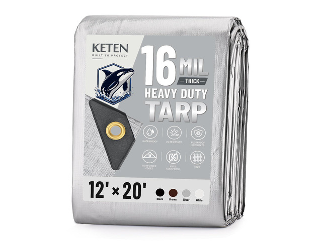 Tarps Heavy Duty Waterproof 12x20 Feet, Extra Thick 16 Mil (Silver) Tear & Fade Resistant, UV Blocking, Outdoor Tarp with Reinforced Grommets for...