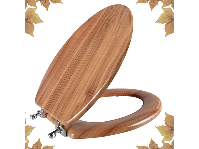 Wood Toilet Seat with Zinc Alloy Hinges (Elongated, Natural) Elongated Toilet Seat, Anti-Pinch Bumpers, Adjustable Hinges, Easy to Install and Clean
