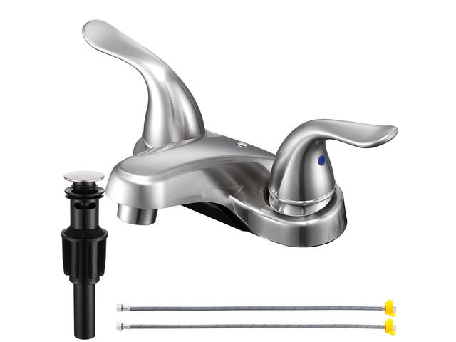 Bathroom Sink Faucets 2/3 Hole,Brushed Nickel Dual Handles 4 inch Plastic Plating Over Bathroom Faucet with Pop-up Drain and 2 Supply Hoses for...