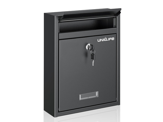 Wall Mount Mailbox for Outside, Locking Mail Box, Black Large Mailbox with Key Lock, Security Mail Box for House, Safe Key Drop Box, Steel Cash...