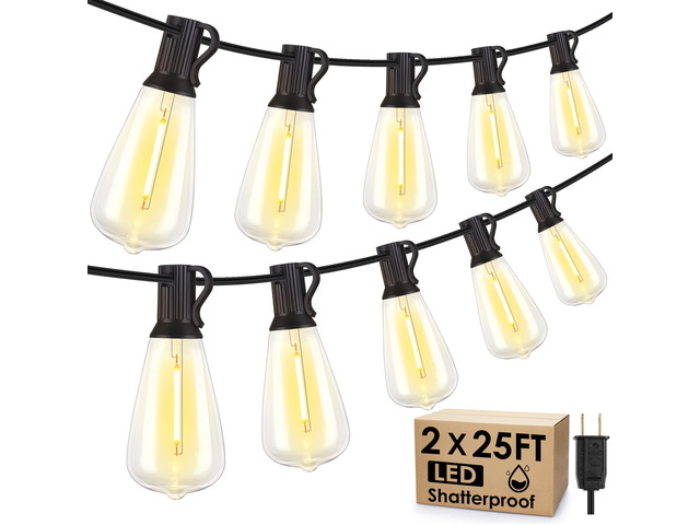 50FT(2x25FT) Outdoor String Lights, Patio Lights with 20+2 LED Dimmable Waterproof ST38 Vintage Bulbs for Backyard Bistro Cafe Deck, Black