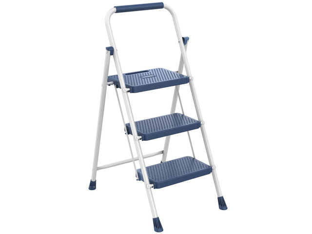 3 Step Ladder, Foldable Step Stool with Safety Lock Lightweight Portable Steel Stool with Anti-Slip Rubber Feet,for Home Office Garage, Blue