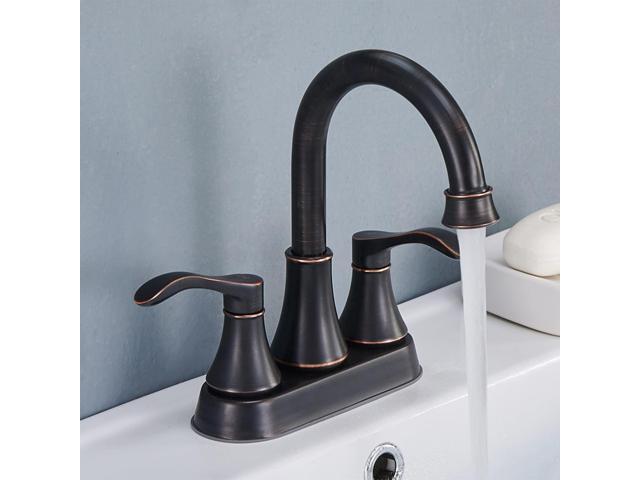 Lead-Free Antique 2 Handle Bathroom Sink Faucet, 360Â° Swivel High-Arc Spout 4-Inch Centerset Lavatory Vanity Faucets Set with Drain & Water Hoses,...