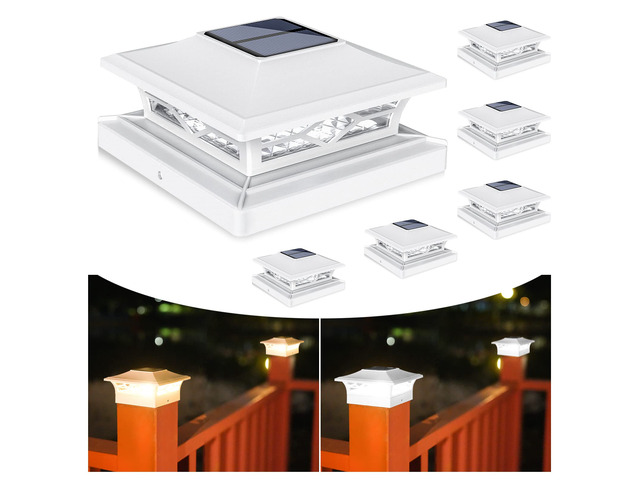 6Pack Solar Post Cap Lights, 2 Color Modes Deck Lights, White Waterproof solar lights fit 4x4/6x6 wooden & 4x4/5x5 vinyl posts, suitable for dock,...