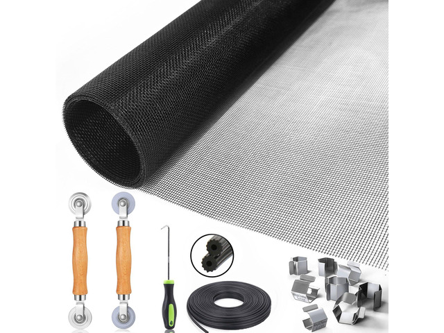 Window Screen Replacement, 6in1 Window Screen Door Repair Kit 48'x118' Black Screen Mesh, Steel & Nylon Bearing Roller, 0.14in x 50ft Spline, 8...