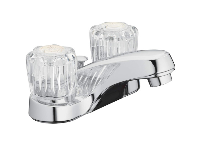 Two-Handle Bathroom Sink Faucet, Chrome, Acrylic Handles 1.2 GPM Flow, 3-Hole, Low-Arc Spout, Washerless Cartridge, Brass Shanks, Pop-Up Drain...