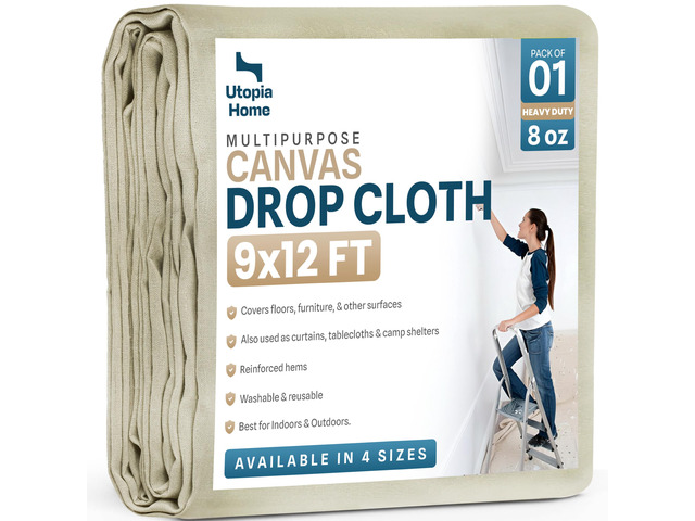 Canvas Drop Cloth 9x12 Ft, Drop Cloth for Painting, 1 Pack Washable and Reusable, Canvas Fabric, Furniture & Floor Protection, Highly Absorbent,...