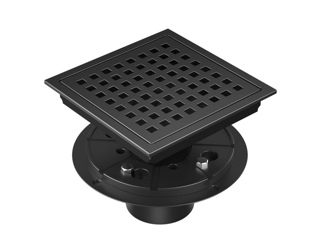 6-Inch Square Shower Floor Drain Matte Black with ABS Flange Stainless Steel, Anti-Clog, Removable Grid Grate Hair Strainer, for Modern Bathroom...