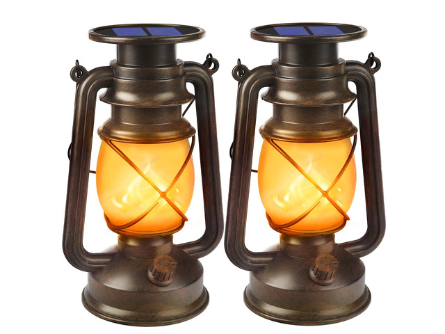 Solar Lanterns Outdoor Waterproof, 2 Pack Bronze Flickering Flame Lights Vintage LED Hanging Lantern, Outdoor Decorative Lights for Halloween,...