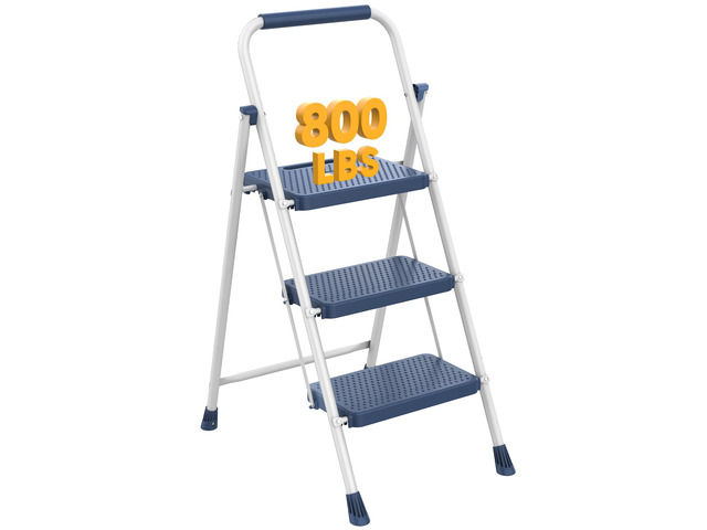 3 Step Ladder, Folding Step Stool for Adults with Safety Lock, Anti-Slip Design, Portable Foldable Ladder for Home Kitchen, Garage & Outdoor Use, Blue