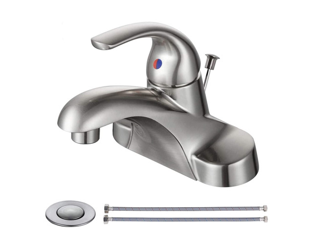 Bathroom Faucet 1 Handle Low Arc Single Handle 4 inch Centerset Bathroom Sink Faucet with Pop Up Drain Assembly Basin Mixer Tap Brushed Nickel...