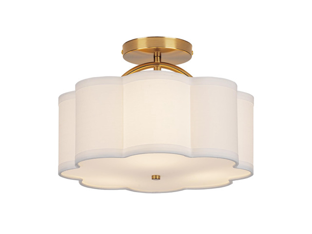 Semi Flush Mount Ceiling Light, 11.8' Modern 3-Light Fixture with Petal-Shaped Cream White Fabric Shade and Golden Support Arm, Ideal for Bedroom,...