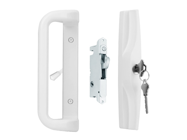 White Sliding Glass Door Handle Set with Lock and Key Fits 3-15/16 in screw holes; keyed mortise lock, reversible, for 1-3/16 to 2 in doors