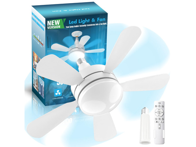 17.7' Socket Fan Light, 3000 Lumens Small Ceiling Fans with Lights and Remote, E26/E27 Light Bulb Fan with Reversible Motor, Dimmable 3000K-6500K...