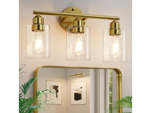 3-Light Bathroom Gold Vanity Light Fixtures,17.3'' Clear Glass Shade,Modern Wall Lamp for Mirror