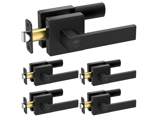 5PK Matte Black Door Handles Interior, Reversible Square Door Levers Knob for Hallway, Bedroom, Bathroom (with Lock, 5PK Privacy)