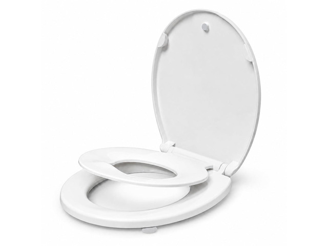 Round Toilet Seat with Child Seat, 16.5 Inch, White Soft Close Toilet Seat with No-Touch Handle, Quick Release, Non-Slip, Durable PP