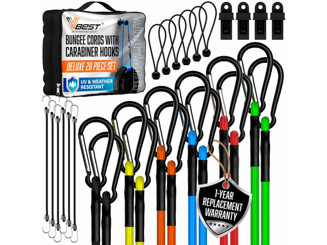 Bungee Cords with Hooks 28Pcs Set - Heavy Duty Outdoor Assorted Sizes 28 piece carabiner bungee cord set with tarp clips, ball bungees and...