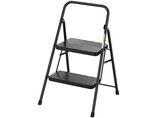 2 Step Ladder, Step Stool with Wide Anti-Slip Pedal Folding Step Stool with Convenient Handle for Home and Kitchen, Black