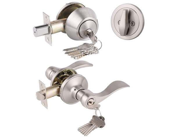 Keyed Alike Front Door Exterior Door Lever Lockset with Single Cylinder Deadbolt Combination Set, Door Knob with Lock and Deadbolt, Satin Nickel...
