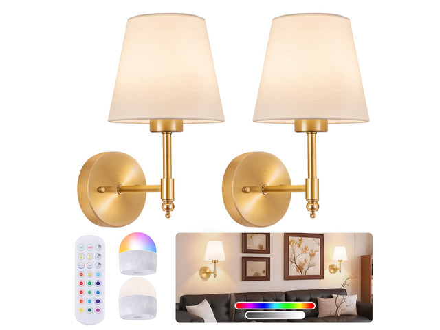 Battery Operated Wall Sconce Set of 2, Rechargeable Wireless Wall Lights with fabric Lampshade, 5200mAh Dimmable Bulb with Remote,15 Colors...