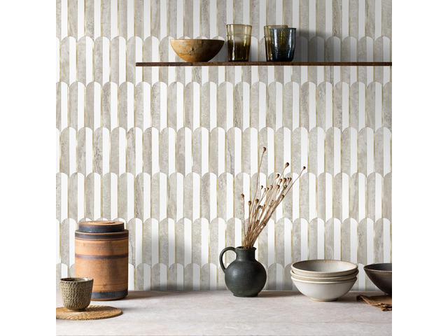 Vamos Peel and Stick Backsplash Seamless Tile for Kitchen and Bathroom,White and Beige Slate PVC Mixed Light Gold Self Adhesive Fish Scale Metal...