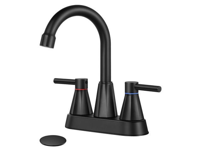 4' Bathroom Sink Faucet, 2-Handle Matte Black, Pop-Up Drain Included 360° swivel spout, ceramic cartridge, 20% water-saving aerator, RV ready
