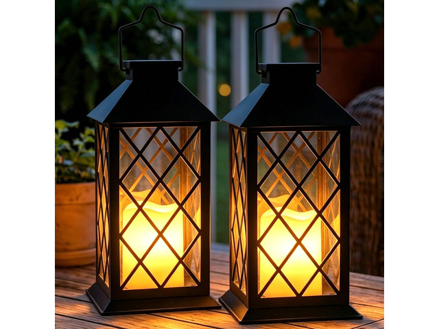 2 Pack 14'' Large Tempered Glass Solar Lanterns Outdoor Waterproof Black retro solar lantern with flickering flameless candles, ideal decoration...