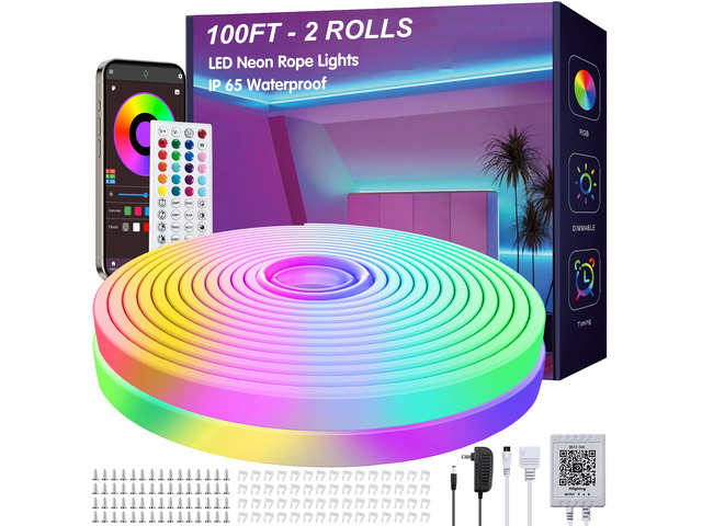 100ft RGB Led Neon Rope Lights, Remote App Control Led Rope Lights IP65 Waterproof Neon Strip Lights for Outdoor Music Sync, DIY Design Flexible...