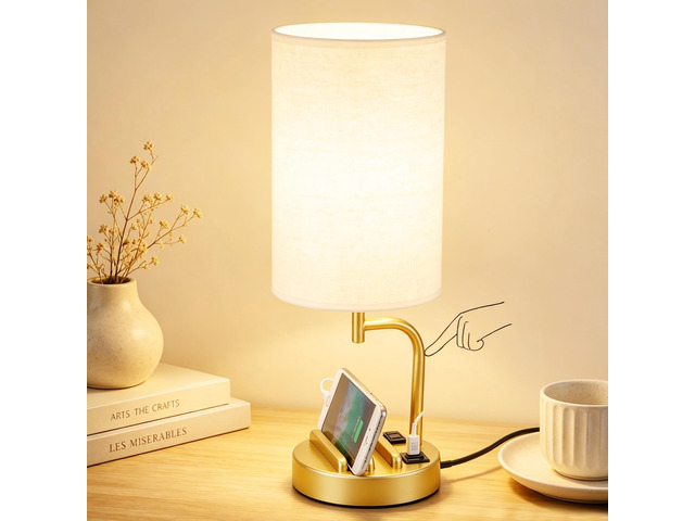 Touch Control USB Table Lamp with USB C/A & AC Outlet, 3-Way Dimmable Bedside Lamp, Modern Nightstand Lamps for Bedroom Living Room Guest Room...