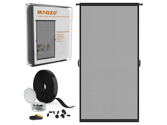 Hanging Screen Door, Fits 36'x80' Door (Curtain Size 38''x81''), Gray Durable Fiberglass with Tension Rod & Hook & Loop (1 Piece Can be Installed in...
