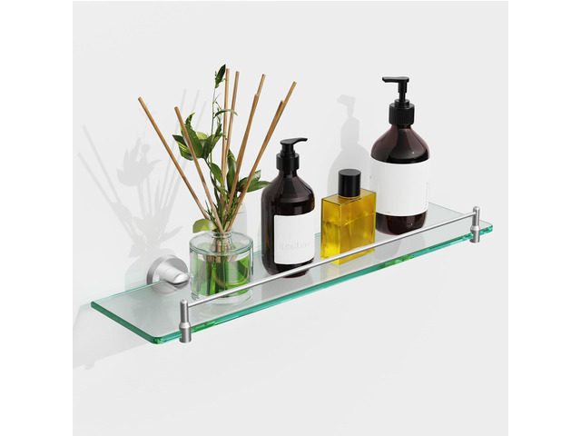 20 Inches Glass Shelves for Bathroom, Brushed Nickel Floating Glass Shelf Stainless Steel Tempered Glass Bathroom Shelves for Wall Mount Modern