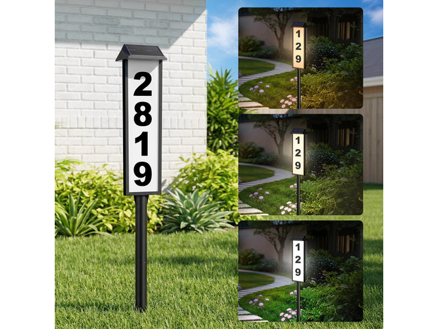 Solar Address Sign, House Number for Outside Waterproof, 3-Color LED Illuminated Address Plaque with Stake, Solar Powered Light Up Address Numbers...