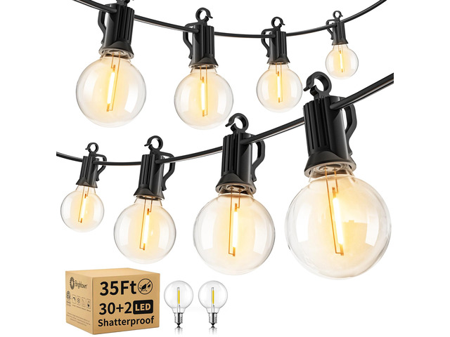 Outdoor String Lights, 35FT with 30 Bulbs, Waterproof Connectable Patio Lights with Shatterproof G40 Replaceable Bulbs, Plug-In Outside Hanging...