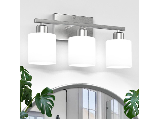 18 Inches Bathroom Light Fixtures Over Mirror Brushed Nickel Anti-Rust 3-Light Vanity Lights Over Mirror, E26 Standard Socket, Milky White Glass...