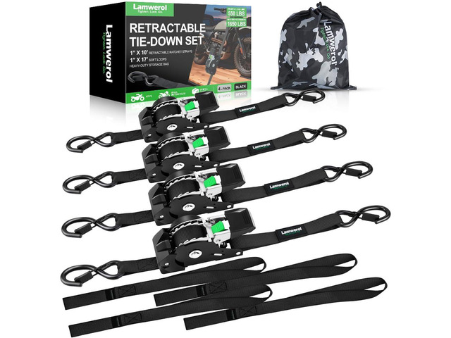 Retractable Ratchet Straps 1in x 10ft (1,650lb Break Strength) 4-Pack Heavy Duty Auto Self Retracting Tie Down Straps for Motorcycle, ATV, UTV,...