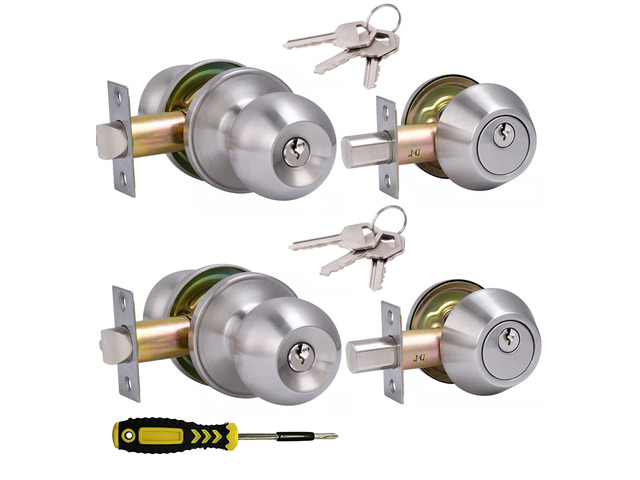 2 Sets All Keyed Same Entry Door Knob and Single Cylinder Deadbolt Combo Set, Round Ball Satin Nickel Exterior Door Knobs with Lock and Keys for...