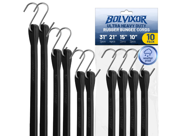 Bungee Cords with Hooks, 10 Pack, 10', 15', 21', 31', EPDM Rubber Heavy Duty Tarp Straps, 2X Max Stretch, 180+ LBS Load Capacity, Crimped S Hooks...
