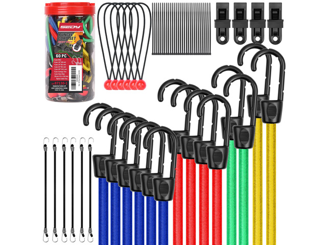 60-Piece Bungee Cords Assorted Sizes - 10' 18' 24' 32' 40' Bungee Cords with Hooks, Heavy Duty Outdoor, Large Medium Small Mini Elastic Canopy Tarp...