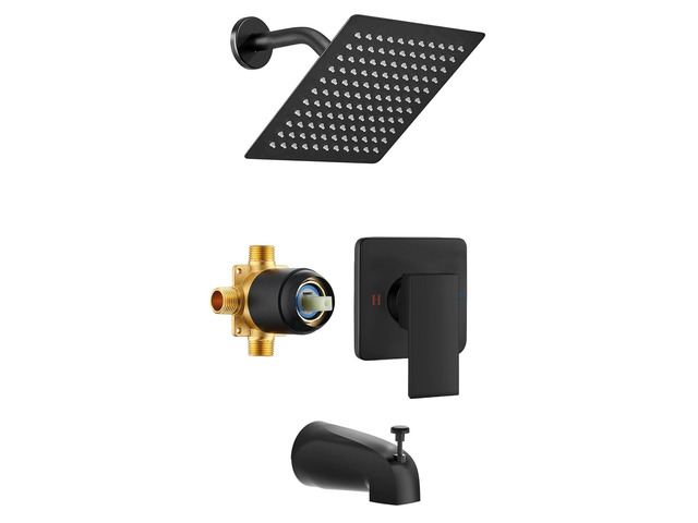 8' Square Rainfall Shower Faucet Set with Tub Spout, Matte Black Wall Mounted, Single Handle, Rough-in Valve, 1/2' NPT, Air Pressure Boost
