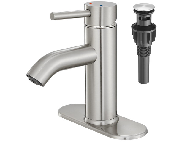 Brushed Nickel Bathroom Faucet Single Handle Bathroom Vanity Sink Faucet with Pop-up Drain, Rv Lavatory Vessel Faucet Basin Mixer Tap with Deck Plate