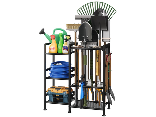 Garden Tool Organizer with Large Hooks, Garage Storage Rack 3 Tier Yard Tool Holder with 35 Long-Handled Tool Slots, Heavy Duty Garden Tool Rack...