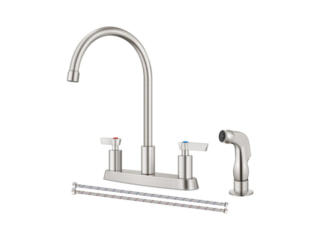 Kitchen Faucet with Side Sprayer, 8 Inch Centerset 4-Hole Nickel Lead-Free 4-Hole High Arc Kitchen Sink Faucet, 1.8 GPM, 360° Spout