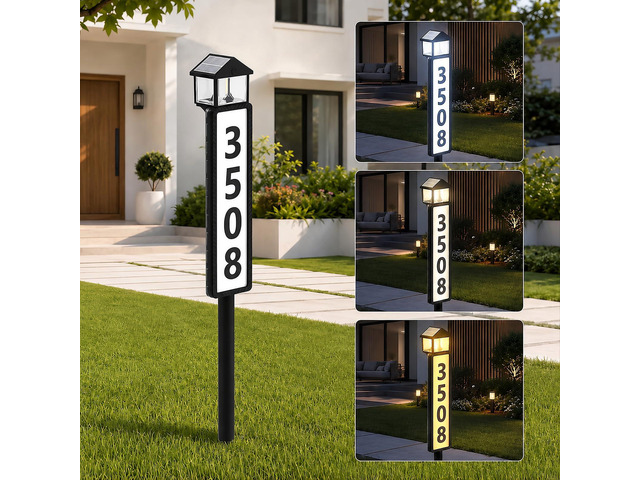Solar Address Sign for Outside, Lantern-Style Solar Powered House Number Sign with Stake, 3 Lighting Modes, LED Illuminated Address Plaque...