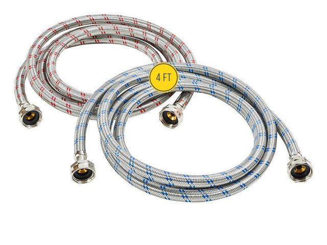 Washing Machine Hoses (4FT) - OCT Connect for Easy & Secure Tightening - Universal Fit to All Wash Machines - (2 Pack) Braided Stainless Steel -...