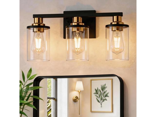 Bathroom Light Fixtures, 3-Light Black and Gold Bathroom Lights Over Mirror with Clear Glass Shade,Vanity Lights for Bathroom Hallway Bedroom...