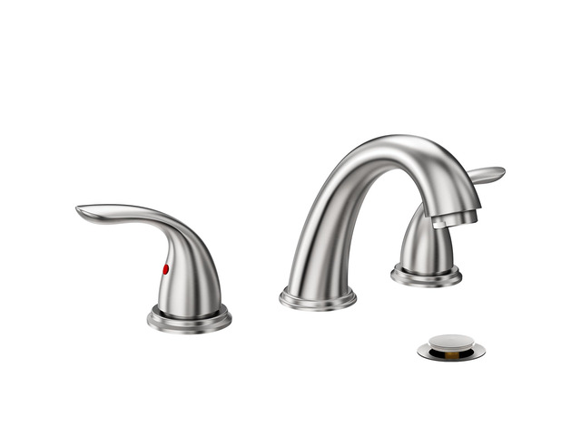 8 Inch 2 Handles 3 Holes Deck Mount Brushed Nickel Widespread Bathroom Faucet, with Stainless Steel Pop Up Drain, WF008-5-BN
